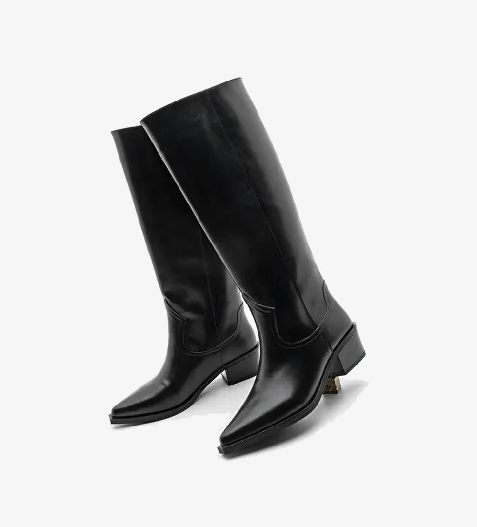 Kadın Sivri Burun Kovboy Fermuarsız Western Çizme Mivez Siyah - Görsel 1