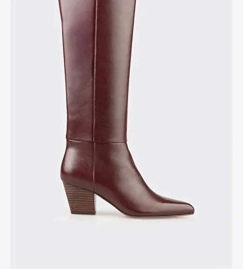 Bordo Deri Kadın Çizme - Görsel 1