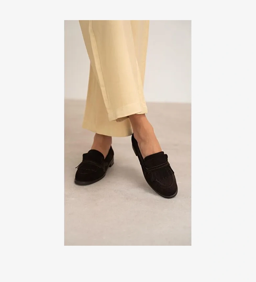 Poet Kahve Süet Hakiki Deri Kadın Makosen Ayakkabı - Görsel 1