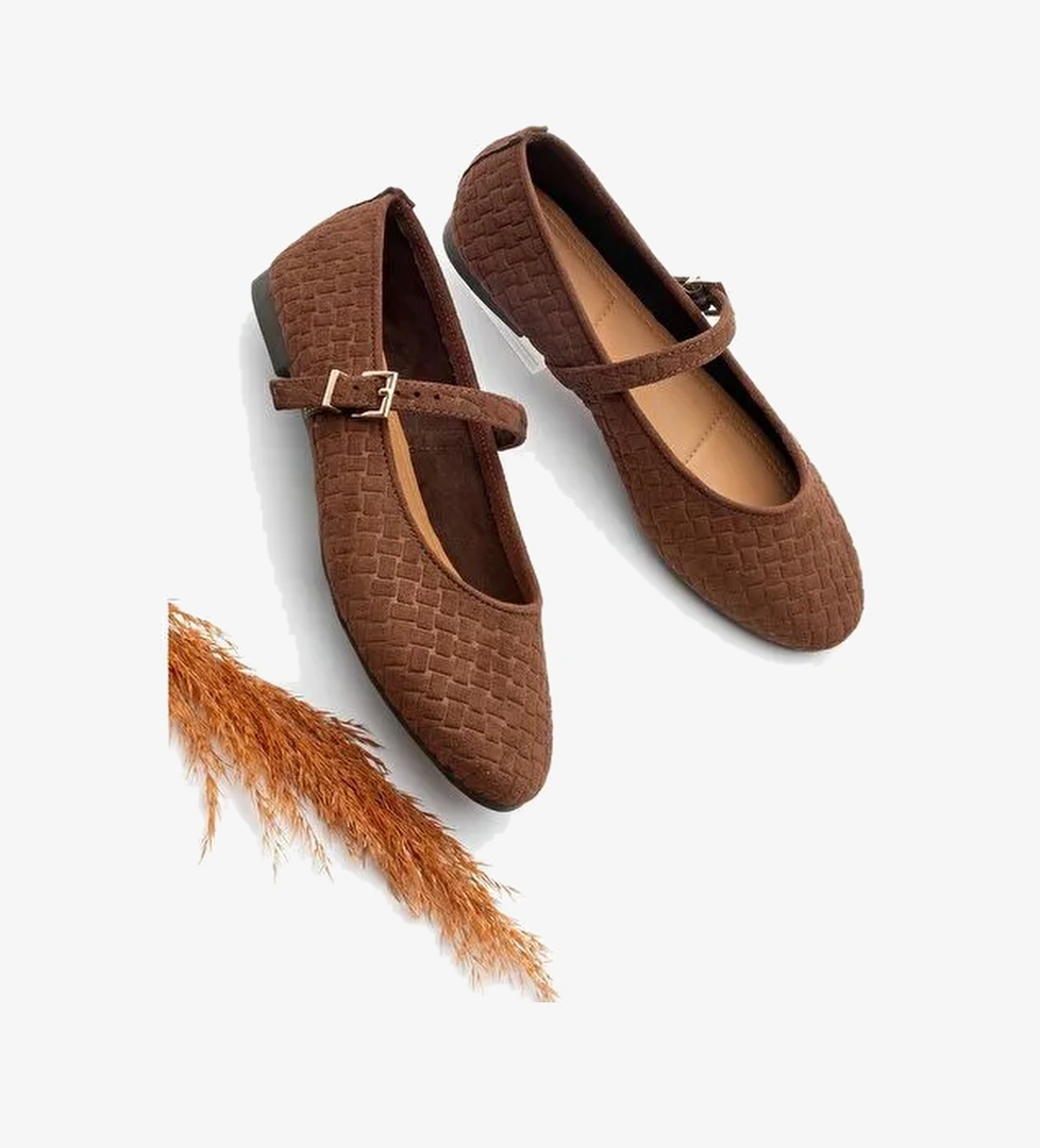 Kadın Desenli Bantlı Günlük Babet Afira Kahve Süet - Görsel 1