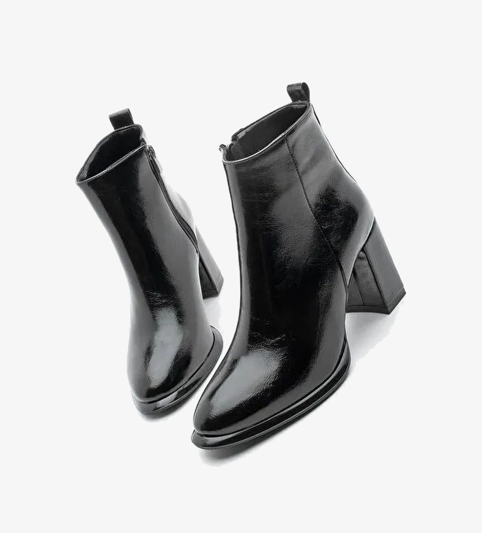 Kadın Dikiş Detaylı Kalın Topuklu Bot Kanis Siyah Rugan - Görsel 1