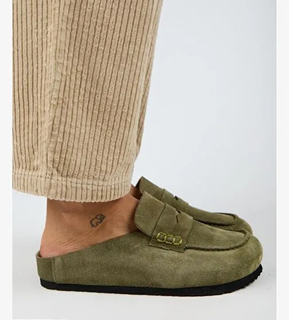 Manijero Ziva 2 Kadın Hakiki Deri Loafer Sabo Haki Terlik - Görsel 1