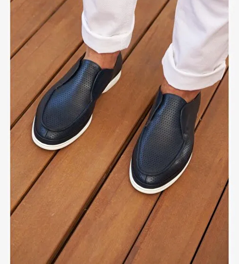 Erkek Hakiki Deri Eva Tabanlı Lacivert Günlük Ayakkabı - Görsel 1