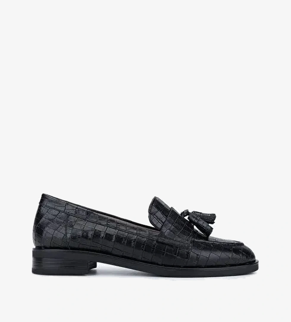 Valmenti Kadın Hakiki Deri Siyah Kroko Loafer Ayakkabı - Görsel 1