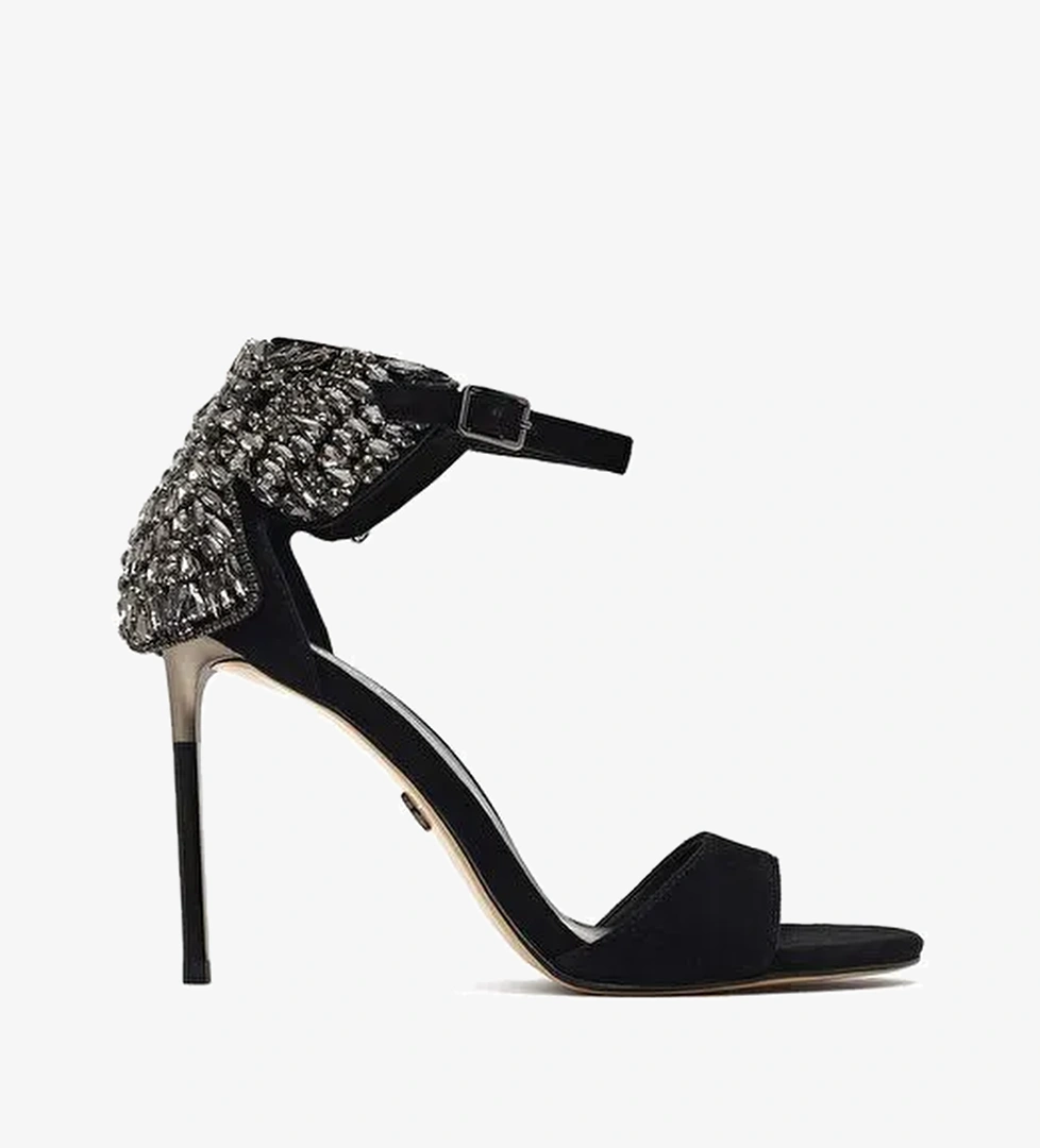 Kadın Siyah Bilekten Tokalı Taşlı Yüksek İnce Topuklu Süet Deri Ayakkabı 25WFD490810 - Görsel 1