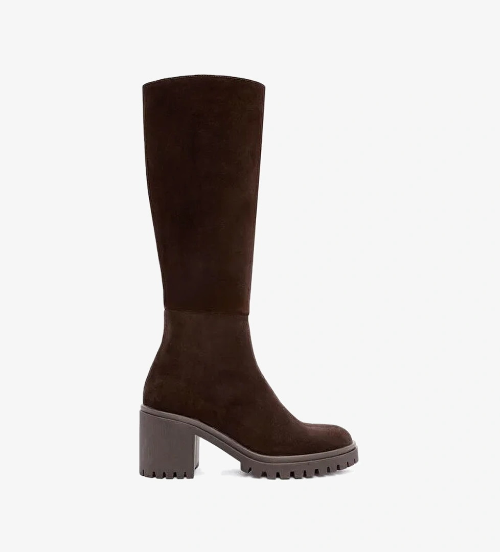 Kadın Kahverengi Fermuarlı Kalın Topuklu Süet Deri Çizme 25WFD201410 - Görsel 1