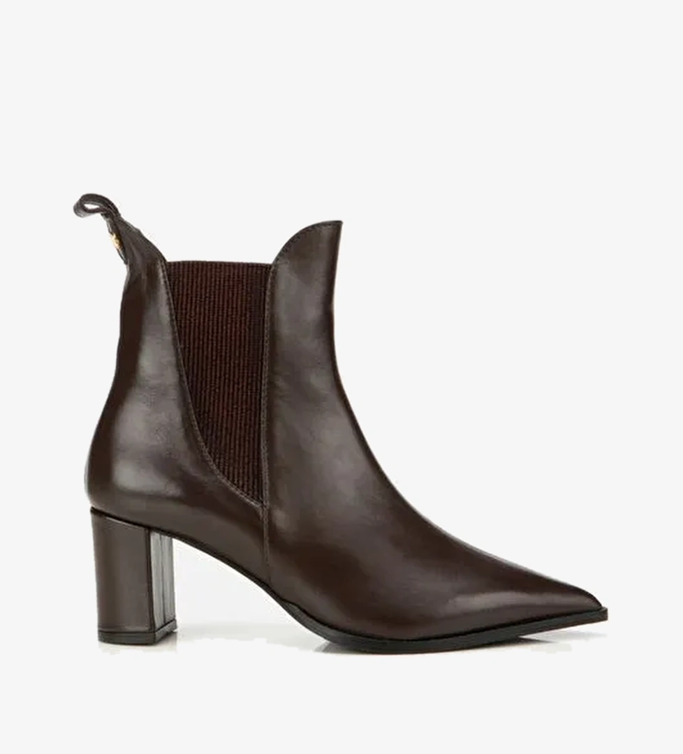 Kadın Deri Kahverengi Sivri Burunlu Streç Detaylı Bilekte Topuklu Bot 01BOH313310A480 - Görsel 1