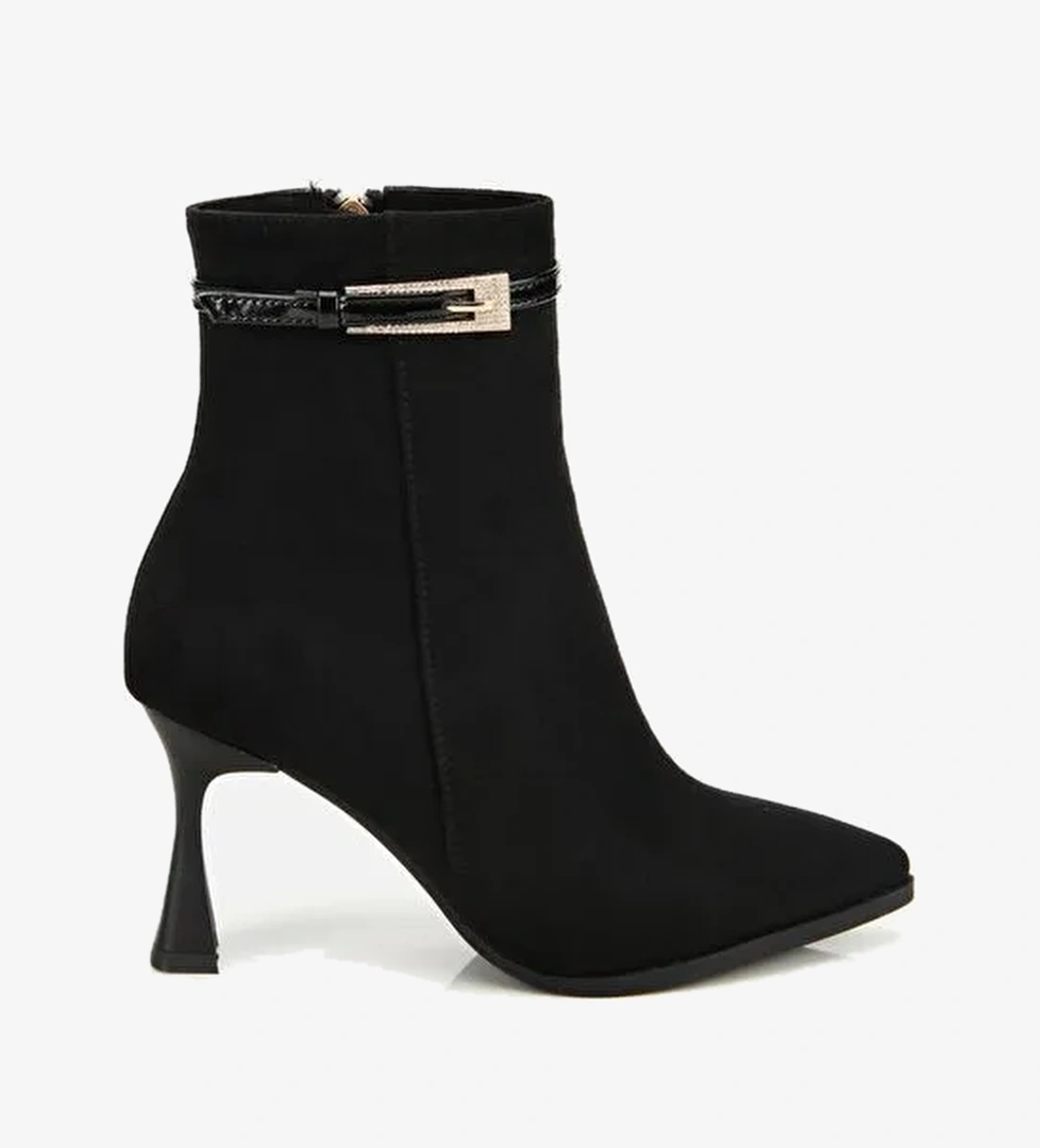 Kadın Süet Siyah Taşlı Tokalı Bilekte Topuklu Bot 01BOH314920A100 - Görsel 1