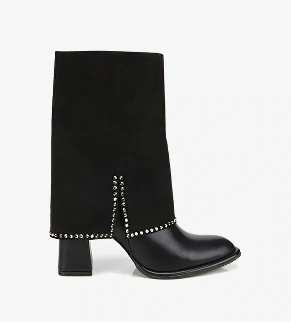 Kadın Siyah Pantolon Görünümlü Zımbalı Kalın Topuklu Bot 01BOH314970A100 - Görsel 1