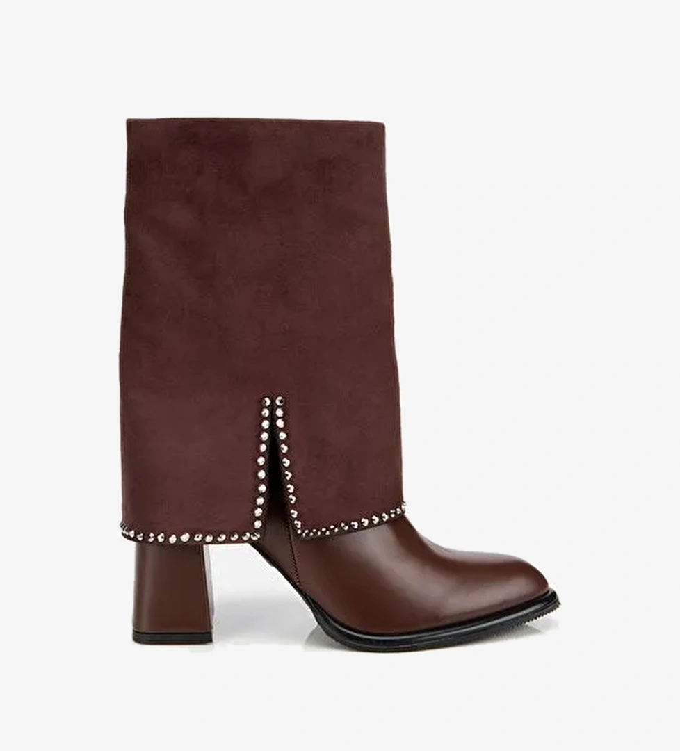 Kadın Kahverengi Pantolon Görünümlü Zımbalı Kalın Topuklu Bot 01BOH314970A480 - Görsel 1