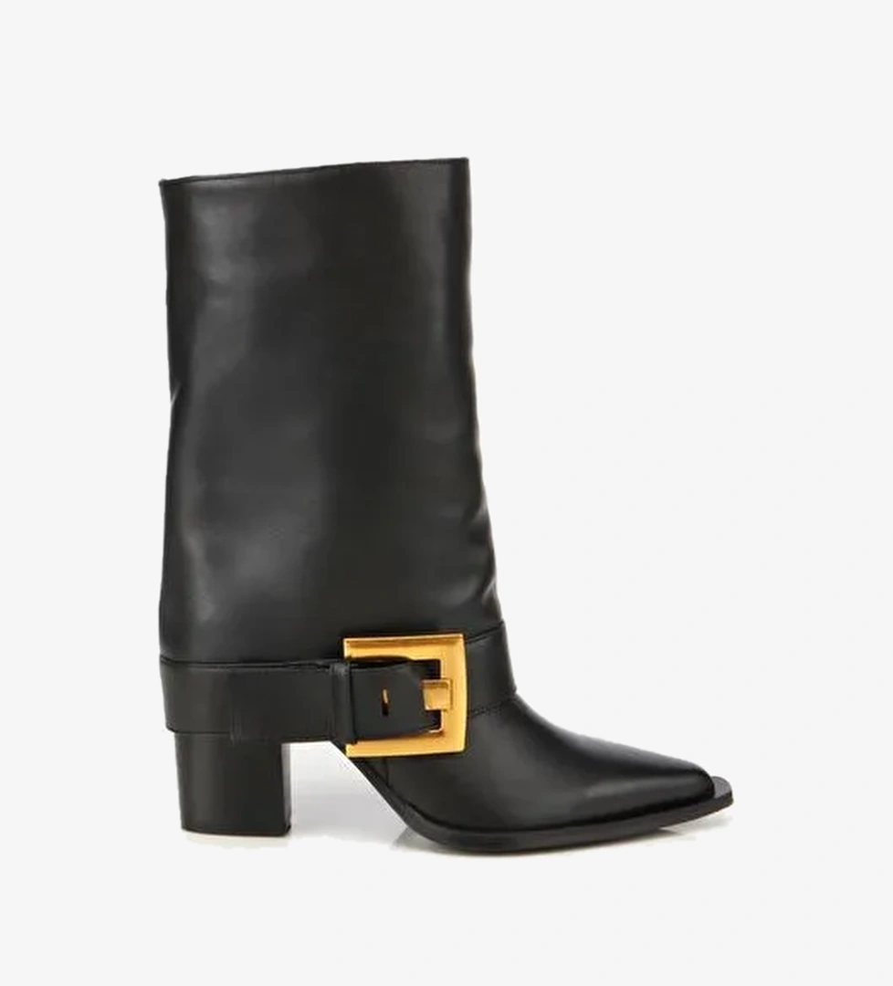 Kadın Deri Siyah Pantolon Görünümlü Gold Tokalı Kalın Topuklu Bot 01BOH315280A100 - Görsel 1