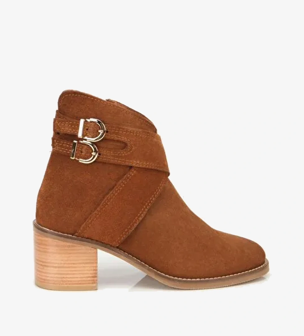 Kadın Süet Deri Taba Gold Detaylı Tokalı Topuklu Bot 01BOH315370A370 - Görsel 1