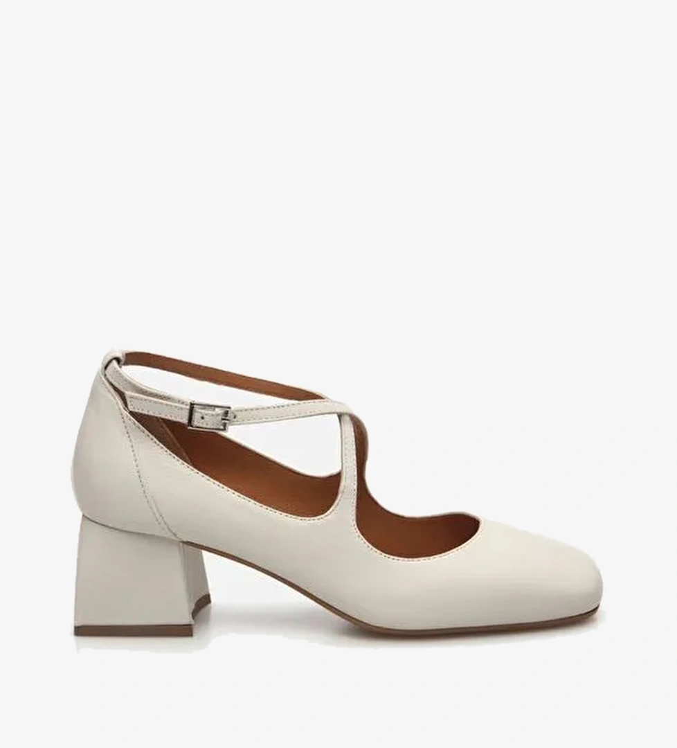 Kadın Deri Ekru Kalın Topuklu Ayakkabı 01AYH285100A400 - Görsel 1