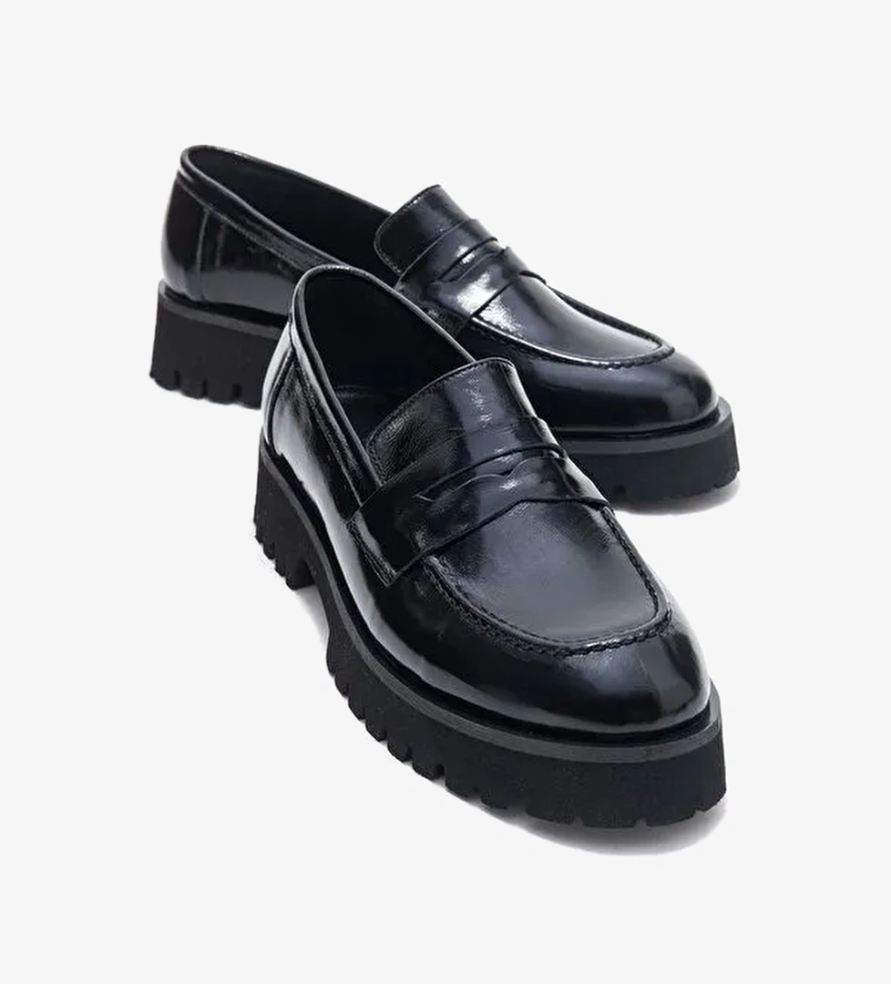 VIONEL Siyah Rugan Hakiki Deri Kadın Loafer Ayakkabı - Görsel 1