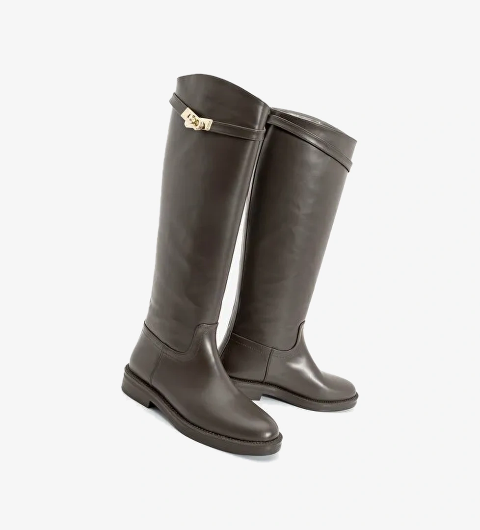 Kadın Tokalı Binici Günlük Çizme Velote Kahve - Görsel 1