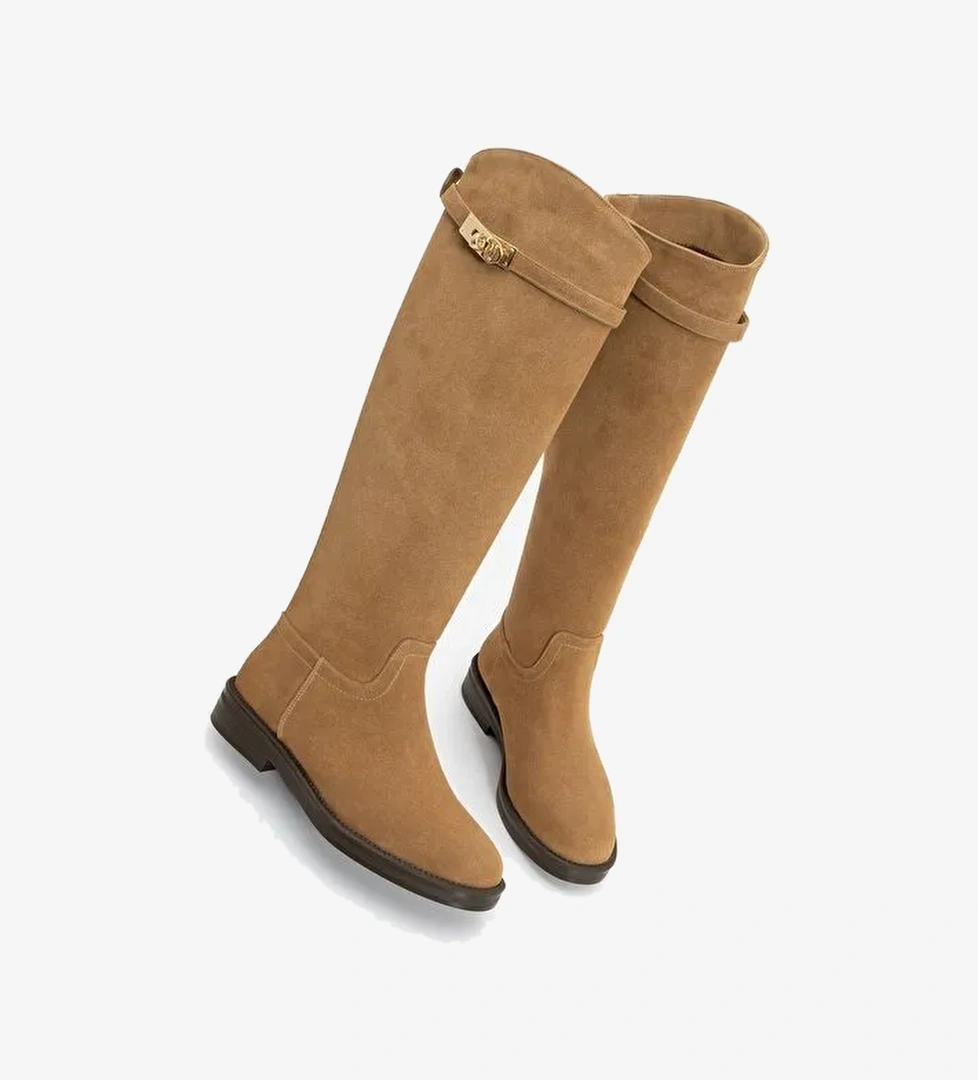 Kadın Tokalı Binici Günlük Çizme Velote Taba Süet - Görsel 1