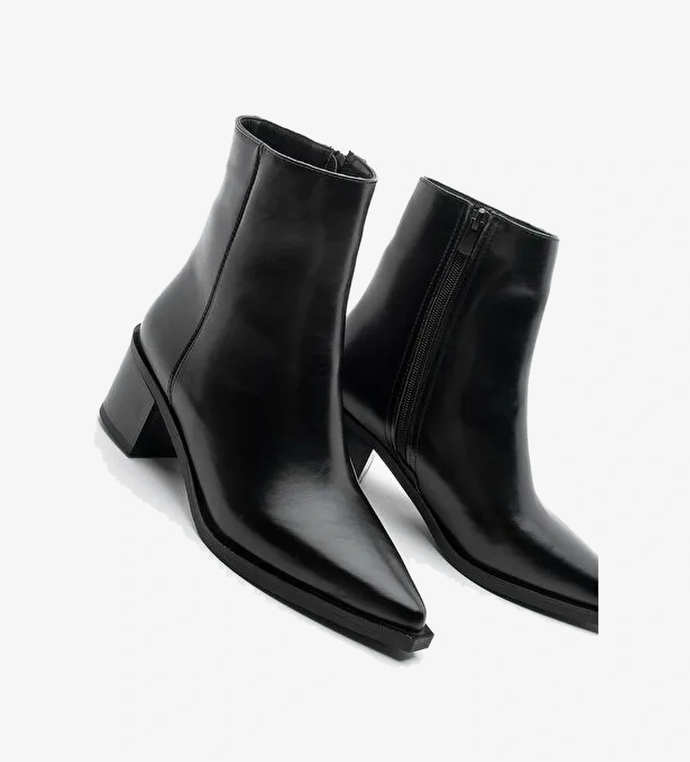 Kadın Sivri Burun Dikiş Detaylı Kalın Topuklu Bot Vorsis Siyah - Görsel 1