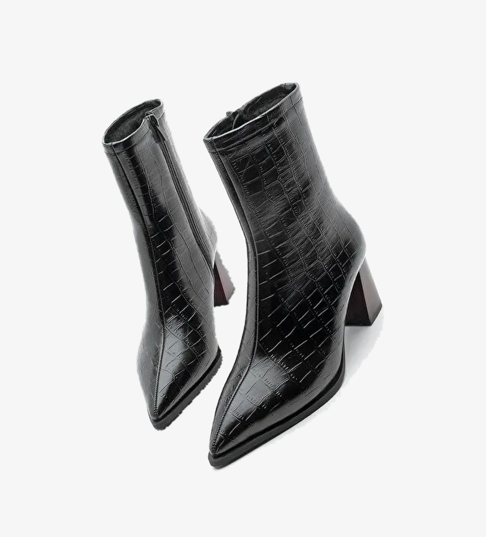 Kadın Kalın Topuklu Sivri Burun Bot Simva Siyah Croco - Görsel 1