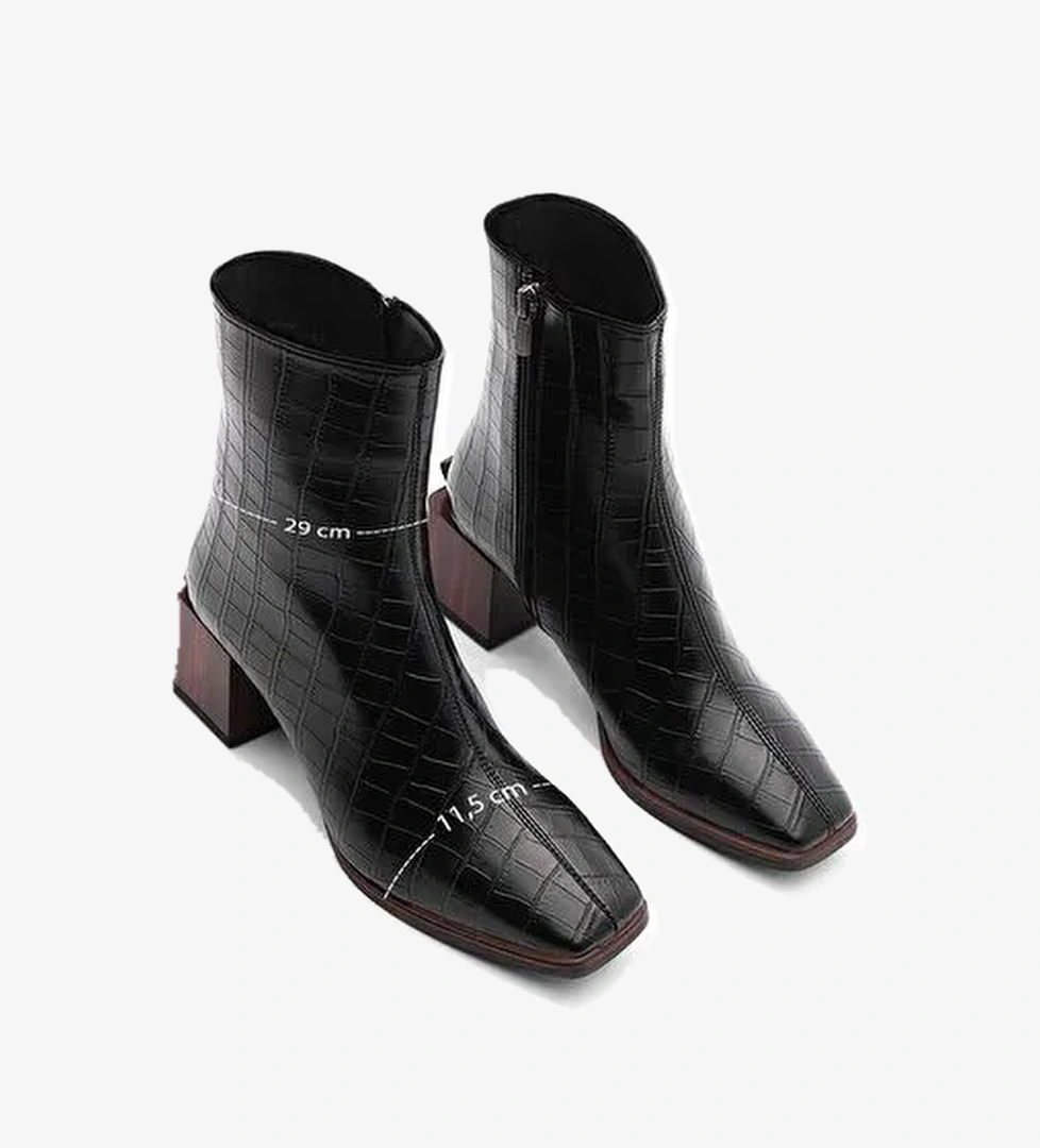 Kadın Topuklu Bot&Bootie Küt Burun Ahşap Desen Ökçe Fermuarlı Günlük Klasik Bot Sayen Siyah Croco - Görsel 1