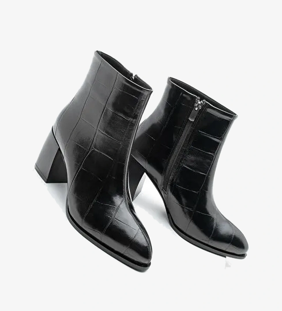 Kadın Sivri Burun Dikiş Detaylı Kalın Topuklu Bot Verika Siyah Croco - Görsel 1