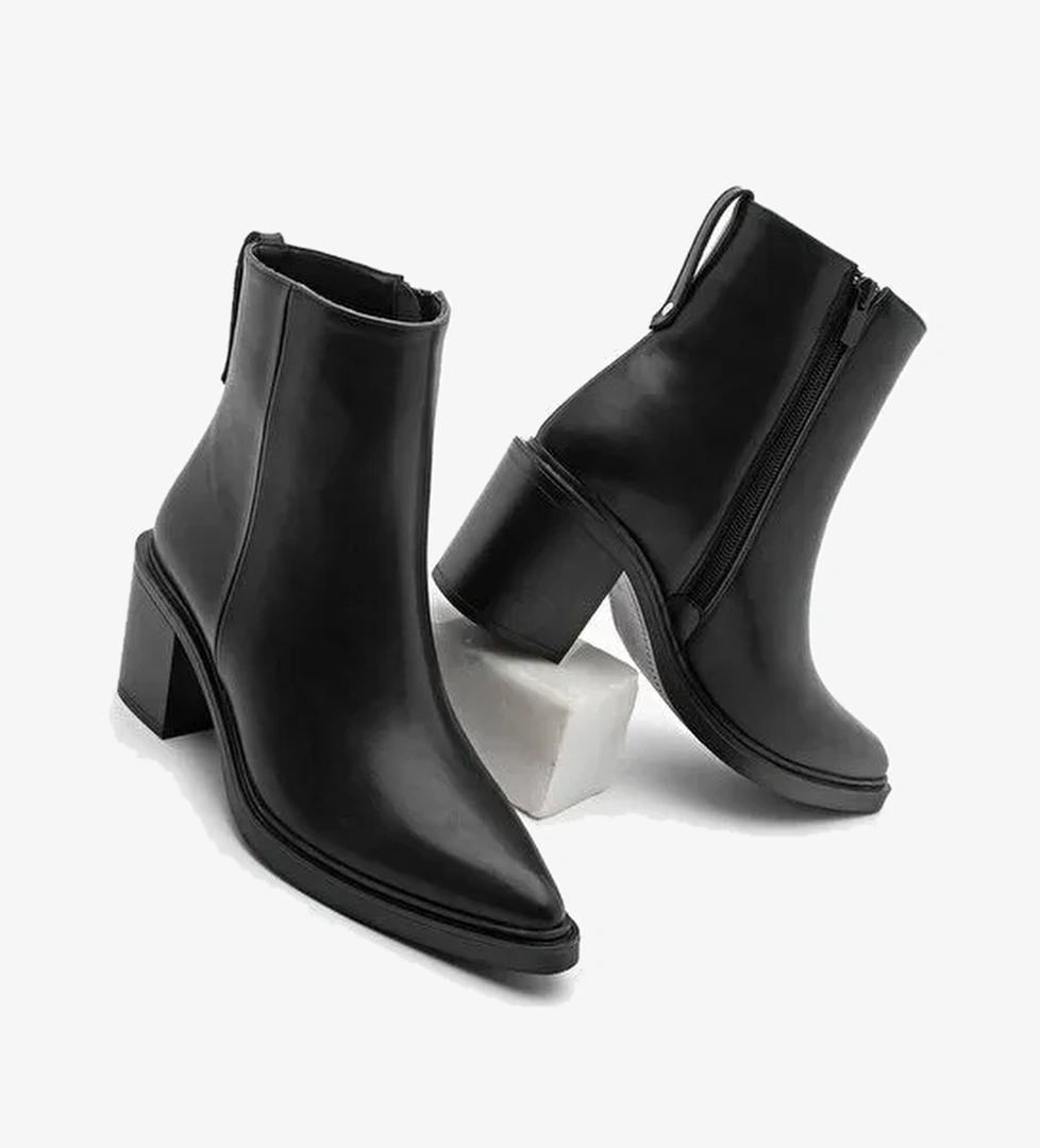 Kadın Sivri Burun Fermuarlı Kalın Topuklu Bot Belza Siyah - Görsel 1