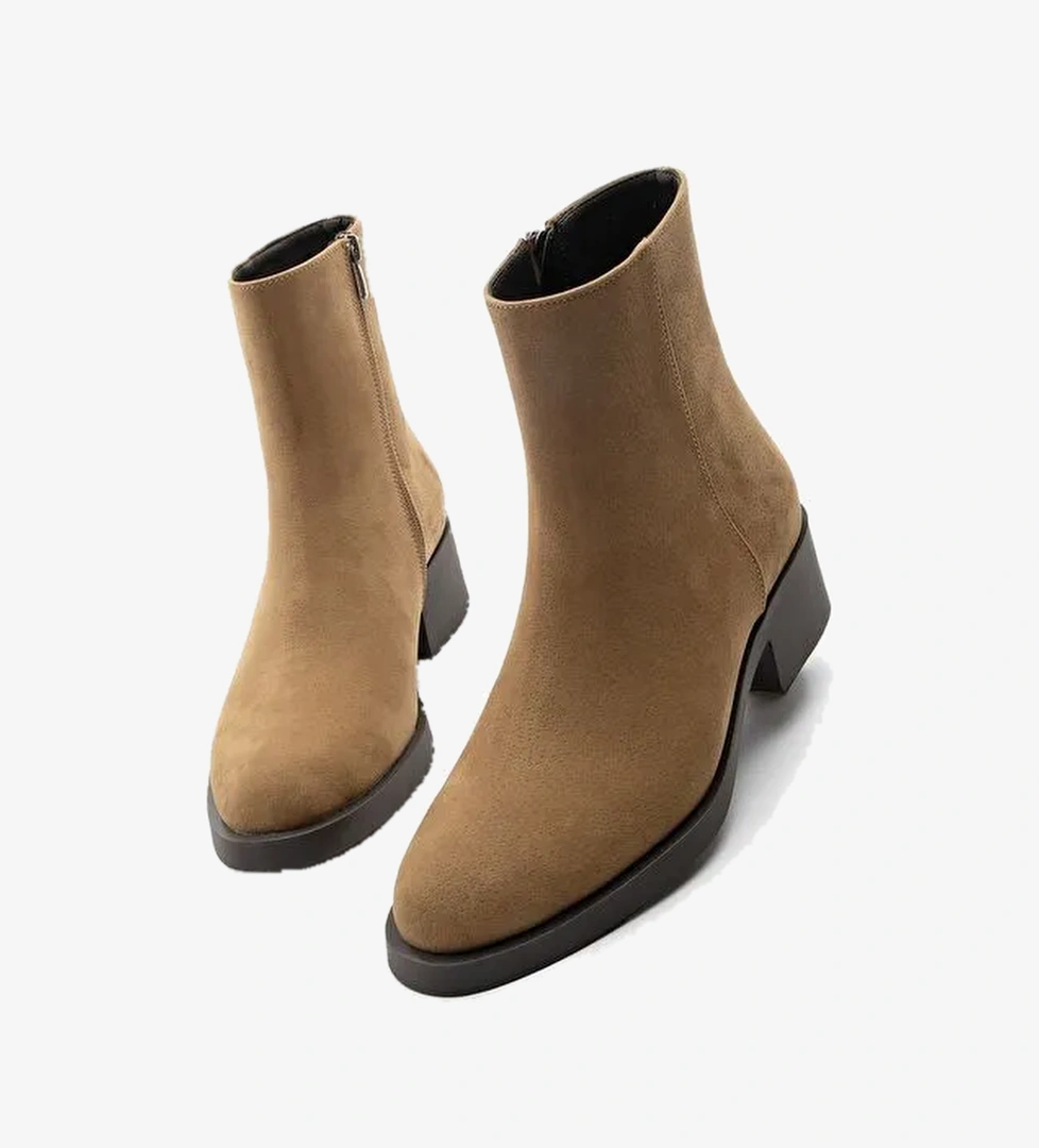 Kadın Fermuarlı Topuklu Günlük Bot Huna Taba Süet - Görsel 1