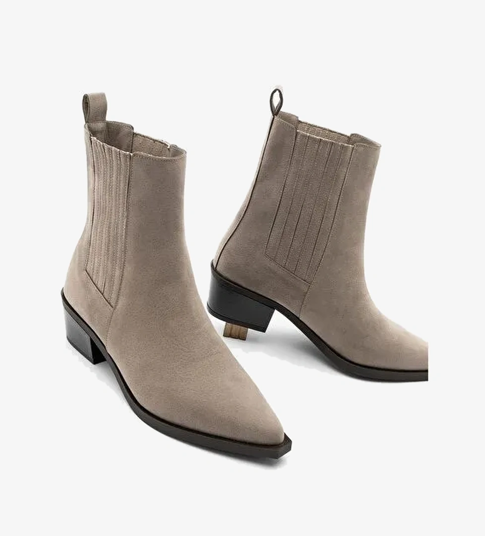 Kadın Sivri Burun Kalın Topuklu Chelsea Çift Lastikli Günlük Bot Losya Vizon Süet - Görsel 1