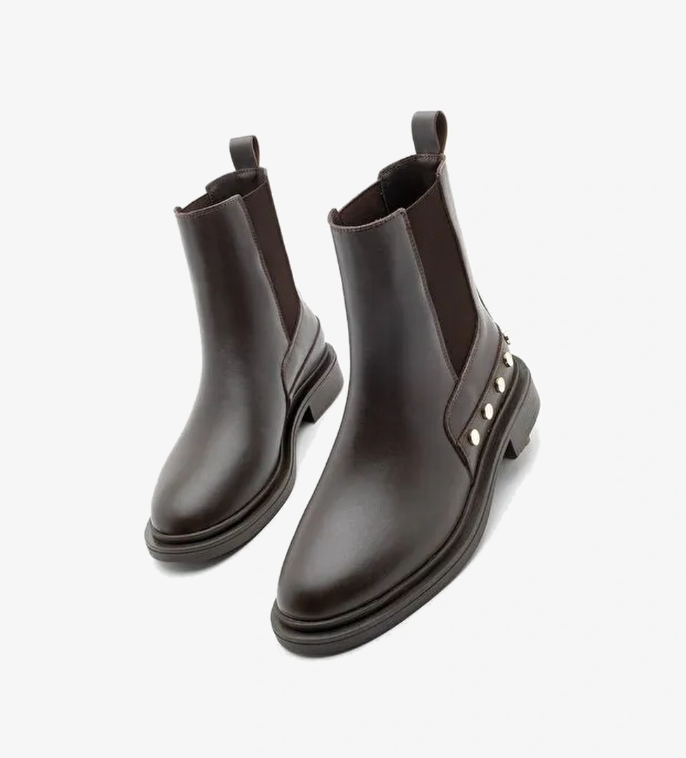 Kadın Altın Zımba Detaylı Çift Lastikli Günlük Bot Pamer Kahve - Görsel 1