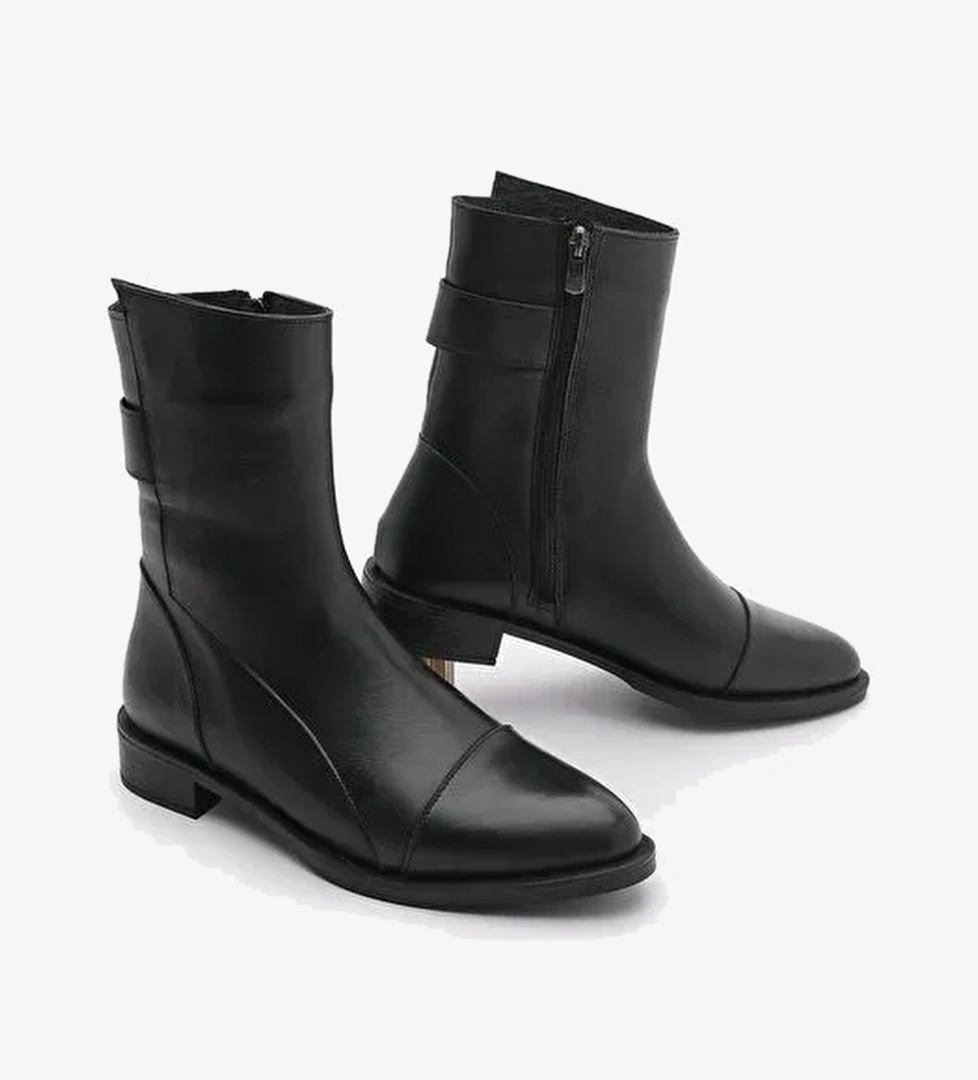 Kadın Hakiki Deri Günlük Bot Fermuarlı Tekas Siyah