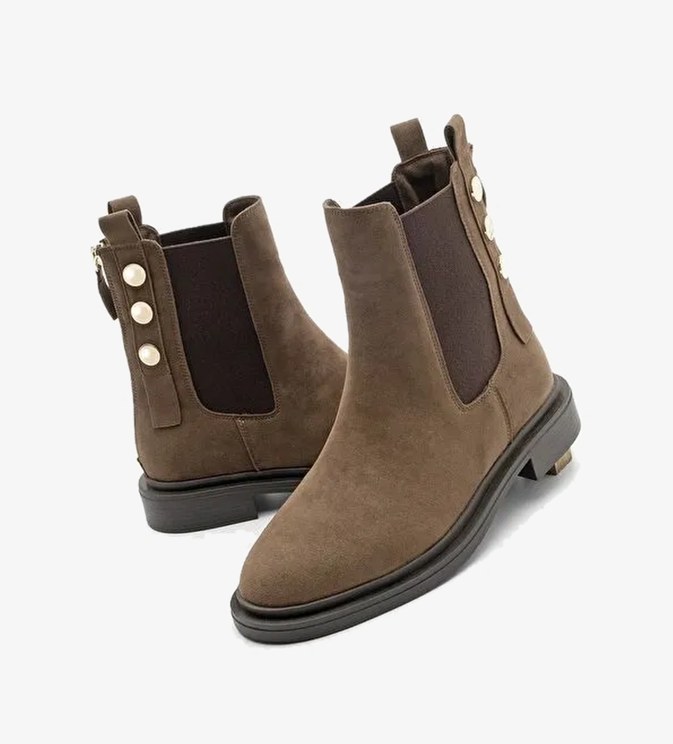 Kadın Altın Düğmeli Çift Lastikli Arkadan Fermuarlı Günlük Bot Valone Kahve Süet - Görsel 1