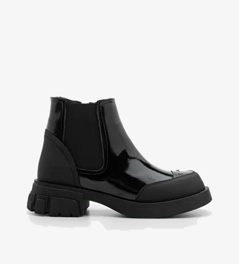 Kadın Lastikli Fermuarlı Kalın Topuklu Postal Bot Pevara Siyah Rugan - Görsel 1