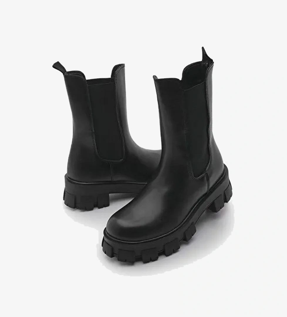 Kadın Lastikli Günlük Bot Kalın Tırtıklı Taban Eslona Siyah - Görsel 1