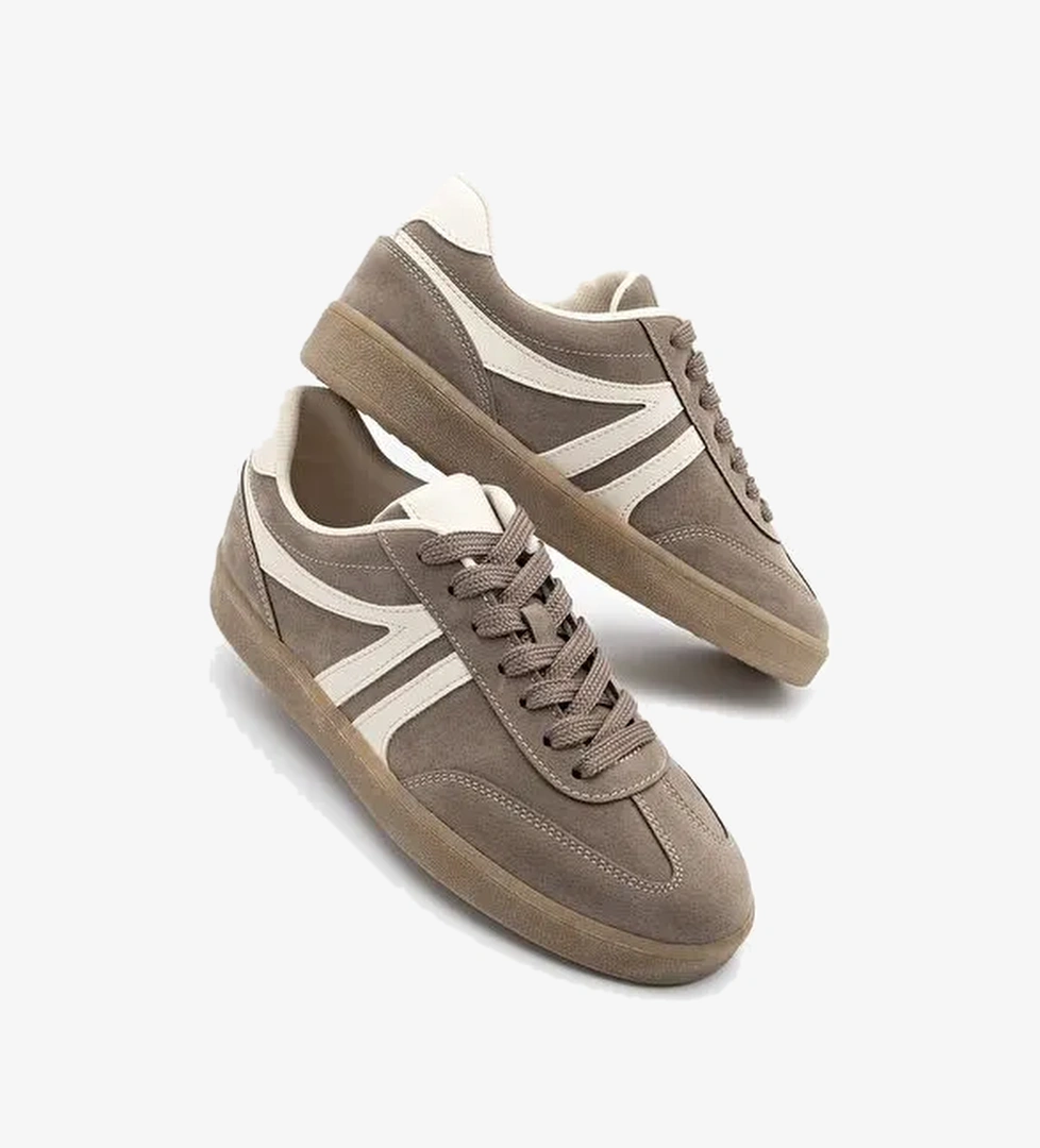 Kadın Sneaker Bağcıklı Düz Taban Spor Ayakkabı Tiyone Vizon Süet - Görsel 1