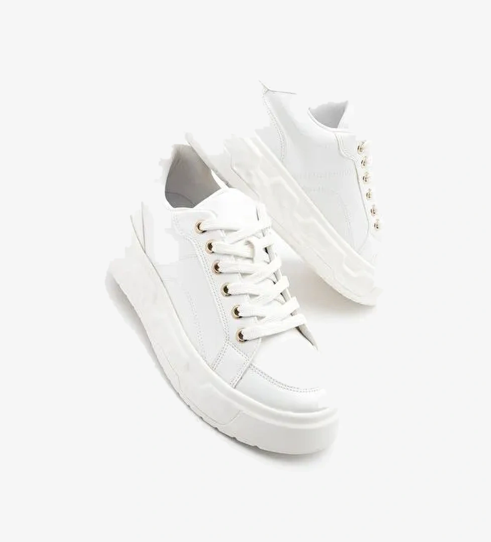 Kadın Sneaker Kalın Desenli Taban Bağcıklı Spor Ayakkabı Bekor Beyaz - Görsel 1