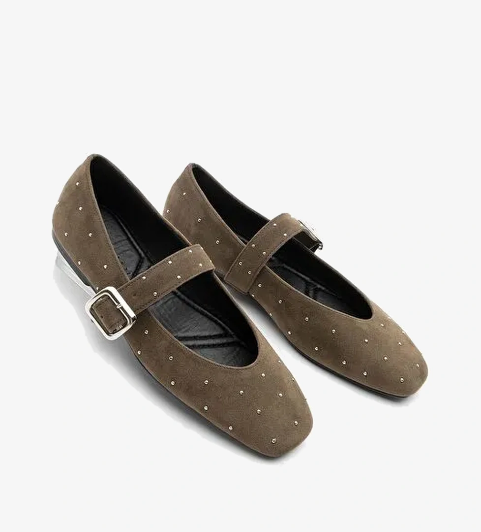 Kadın Küt Burun Tokalı Zımbalı Babet Velona Kahve Süet - Görsel 1