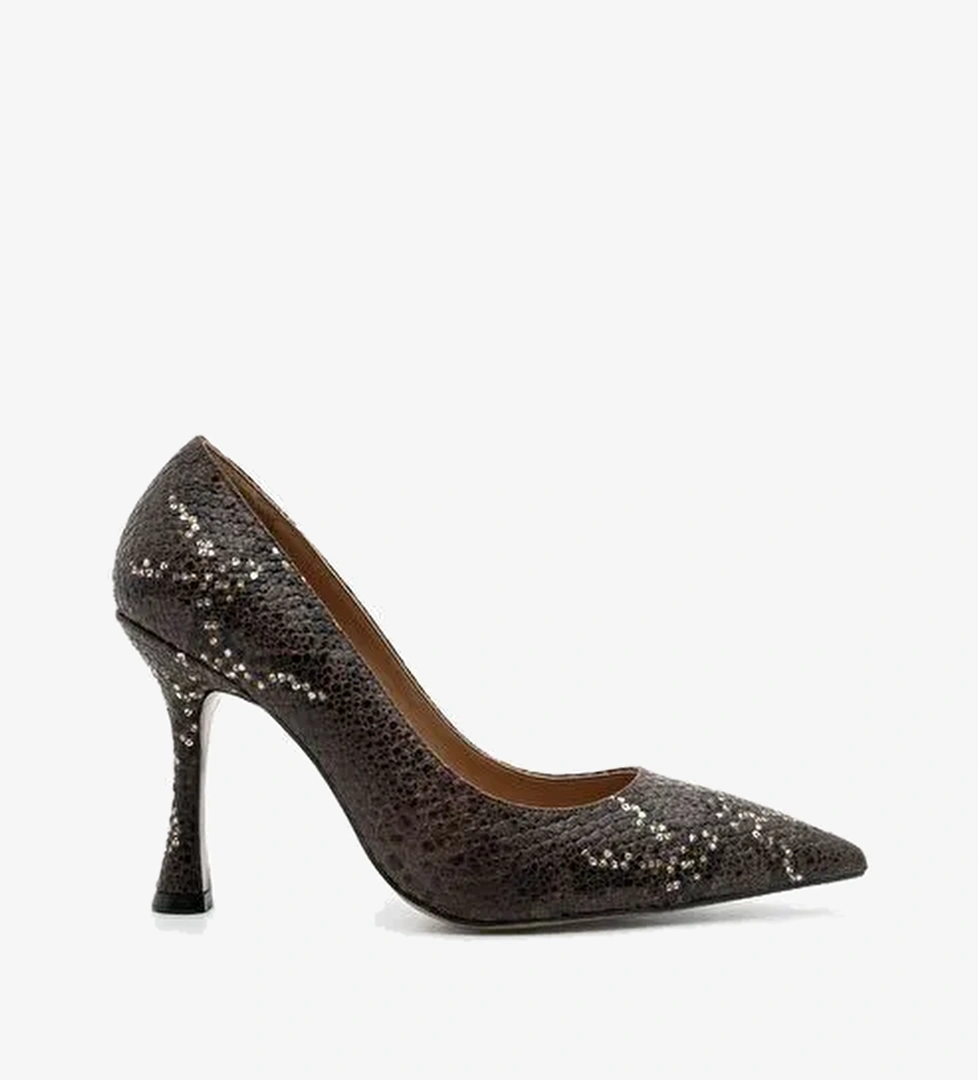 Kadın Stiletto Sivri Burun Yılan Desenli Topuklu Ayakkabı Filoz Kahve Yılan - Görsel 1