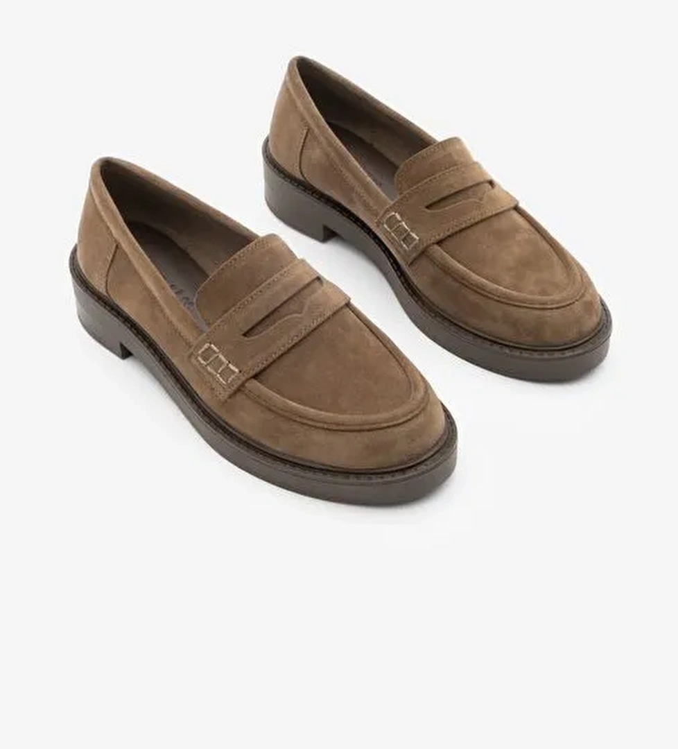 Kadın Loafer Günlük Klasik Ayakkabı Casual Makosen Fonle Taba Süet - Görsel 1