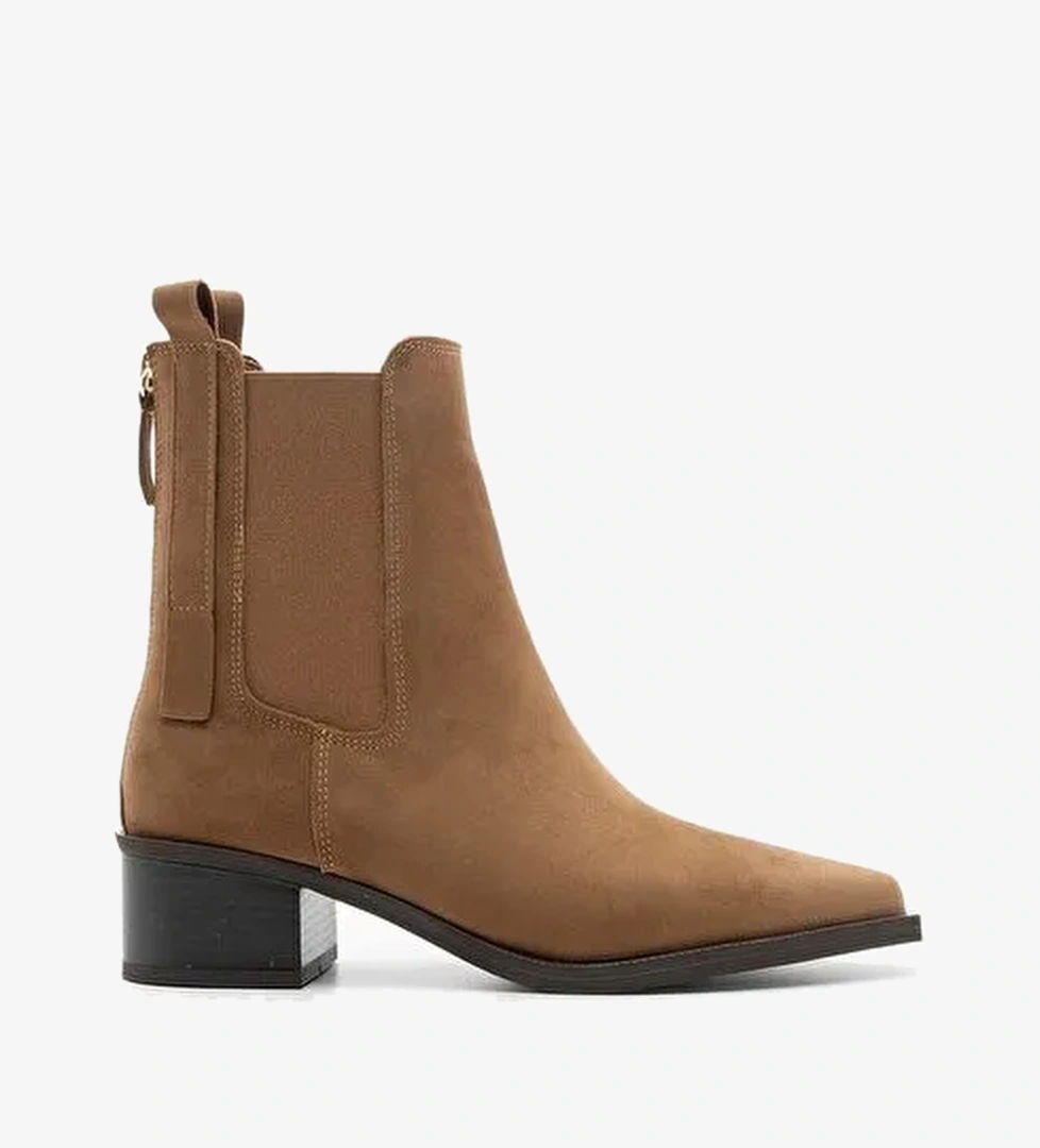 Kadın Sivri Burun Arkadan Fermuarlı Kovboy Çift Lastikli Western Bot Mirona Taba Süet - Görsel 1