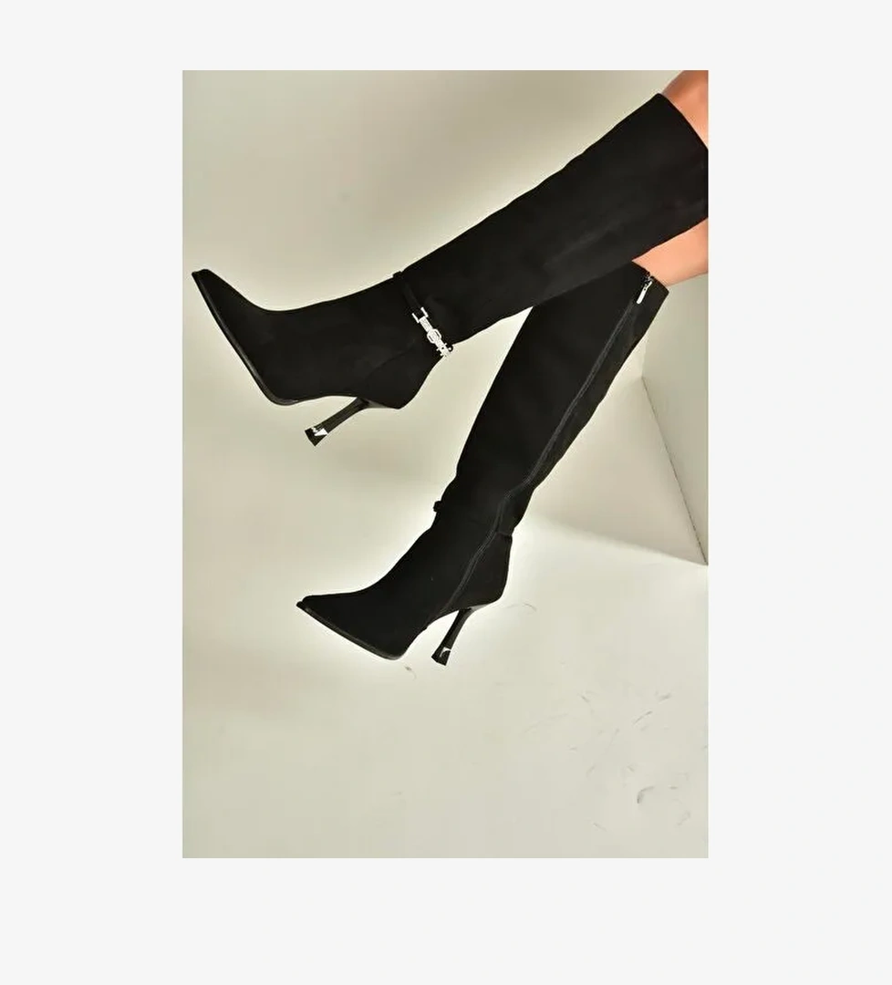 V820330002 Siyah Süet İnce Topuklu Kadın Çizme - Görsel 1