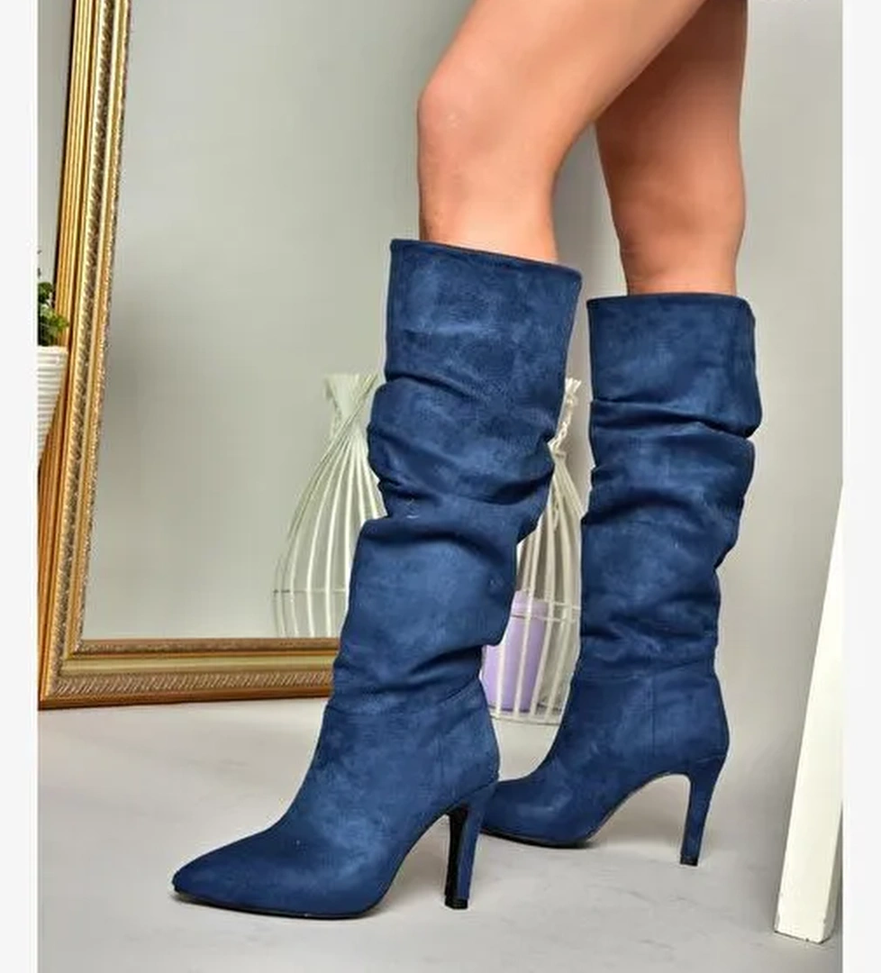 L404868002 Lacivert Süet İnce Topuklu Kadın Çizme - Görsel 1