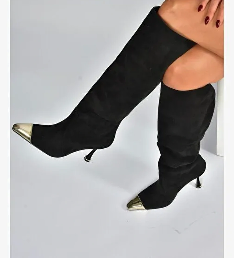 V752574102 Siyah Süet İnce Topuklu Kadın Çizme - Görsel 1