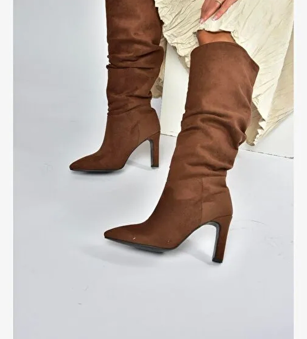 L404868002 Kahverengi Süet İnce Topuklu Kadın Çizme - Görsel 1