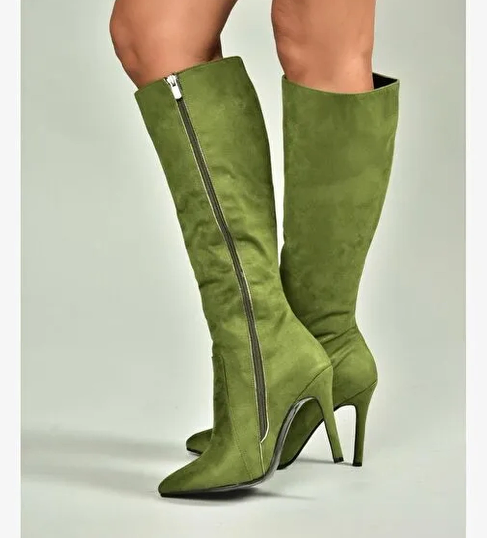 N372530102 Yeşil Süet İnce Topuklu Kadın Çizme - Görsel 1