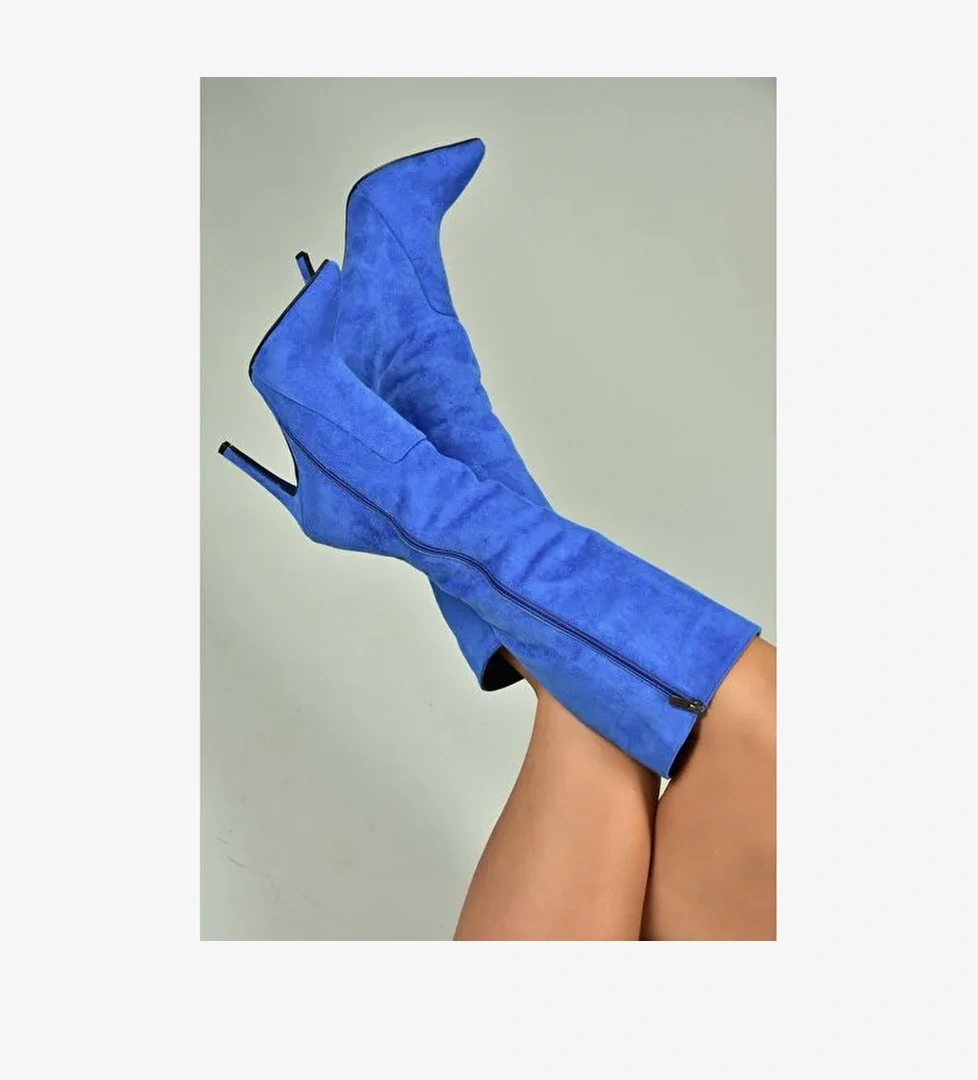 N372530102 Saks Mavi Süet İnce Topuklu Kadın Çizme - Görsel 1