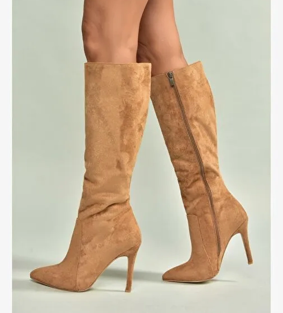N372530102 Taba Süet İnce Topuklu Kadın Çizme - Görsel 1