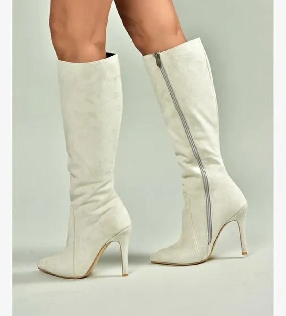 N372530102 Gri Süet İnce Topuklu Kadın Çizme - Görsel 1