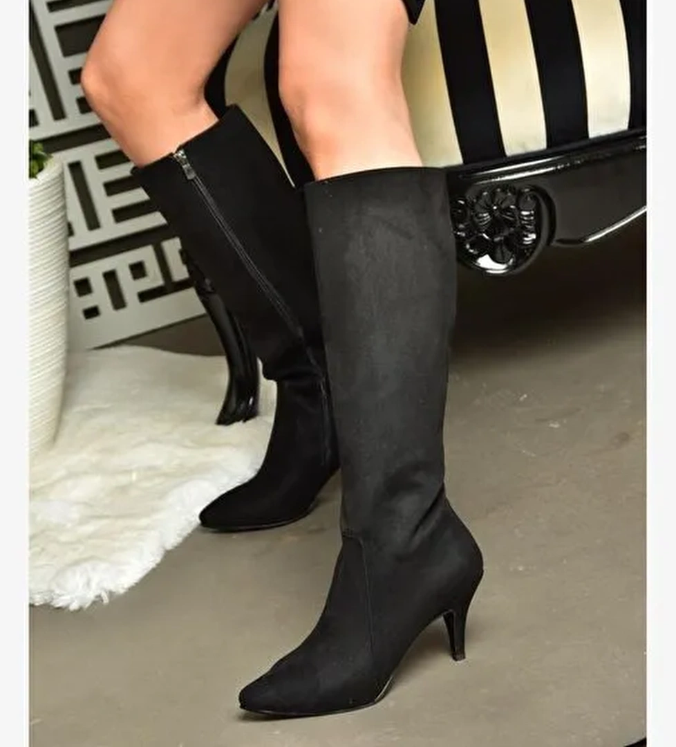 R372453002 Siyah Süet İnce Topuklu Kadın Çizme - Görsel 1