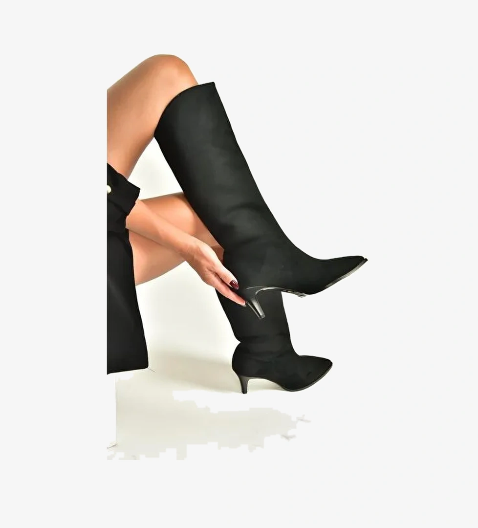 V404021102 Siyah Süet Alçak Topuklu Kadın Çizme - Görsel 1