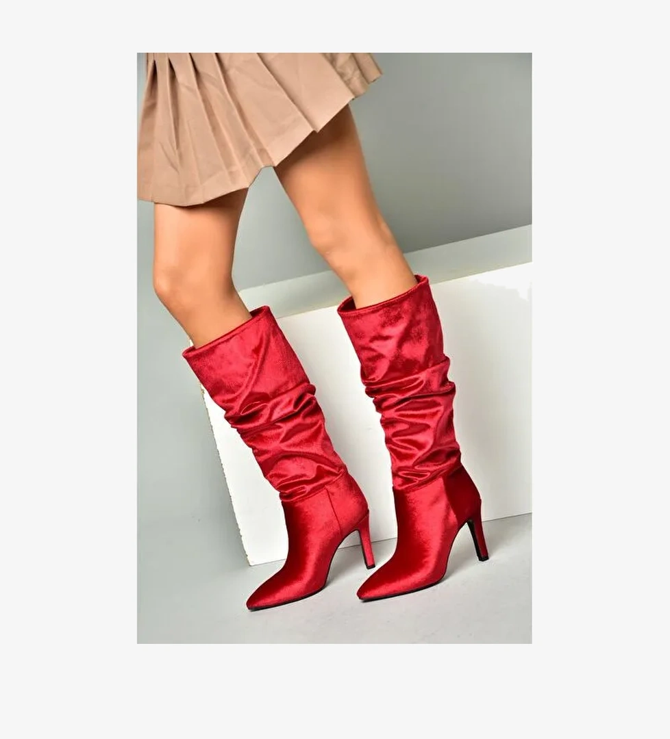 L404868039 Bordo Kadife İnce Topuklu Kadın Çizme - Görsel 1