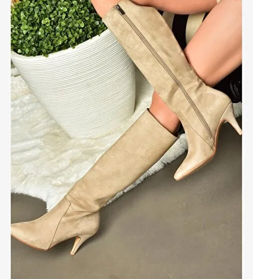 R372453002 Ten Süet İnce Topuklu Kadın Çizme - Görsel 1